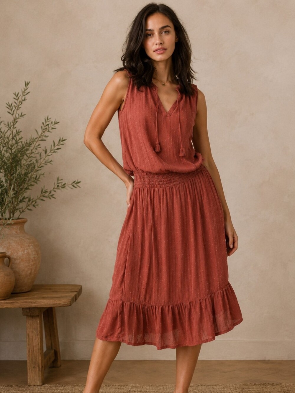 Prana Quinn Dress Womens Small Rust Sleeveless Smocked Waist Midi Tassel V-Neck